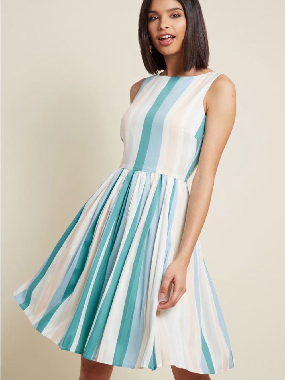 Fever Striped Sleeveless Fit & Flare Dress - Blue & Cream